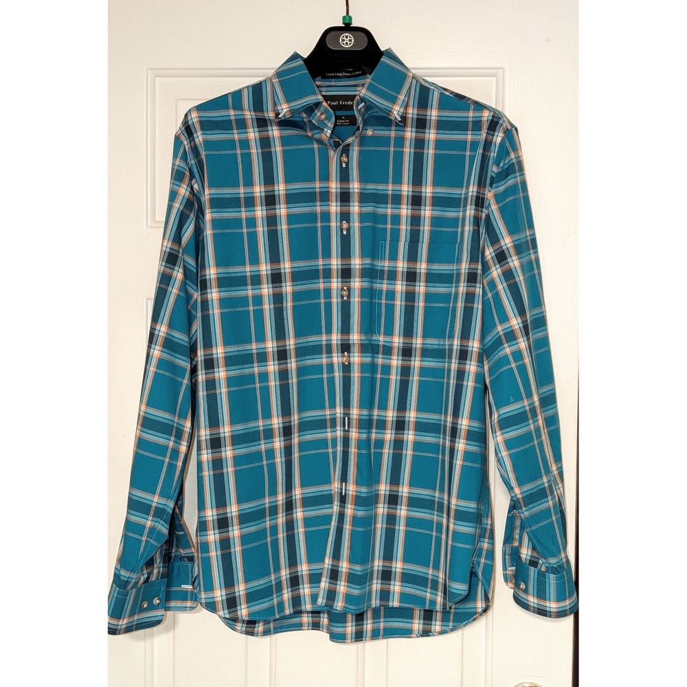 Paul Fredrick Men's Medium Classic Fit Teal Plaid Long Sleeve Cotton Shirt